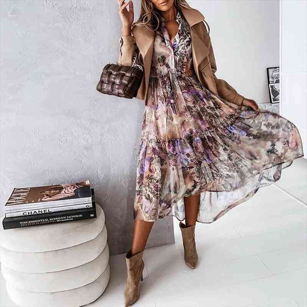 

elegant v neck floral print women dresses ruffles spring long sleeve casual holiday female slim button party, Black;gray