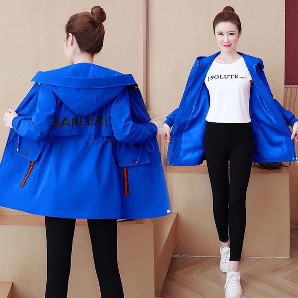 

women's trench coats heavy industry letter print windbreaker with lining spring 2021 mid-length hooded zipper jacket student autumn, Tan;black