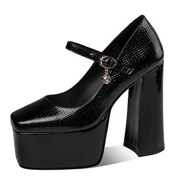 

dress shoes women summer genuine leather thick sole platform high heels pumps mary janes buckle square toe sandals, Black