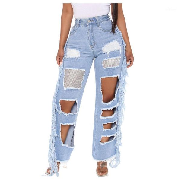

women's jeans female trousers tassel pierced drill light straight fashion comfortable pantalones de mujer #8, Blue