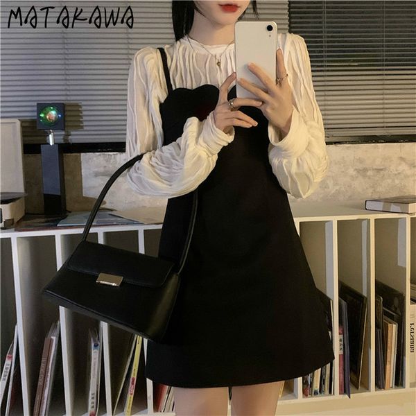 

matakawa two piece set women sling woman dress spring korean fashion pleated o-neck long sleeve women blouses 210513, White