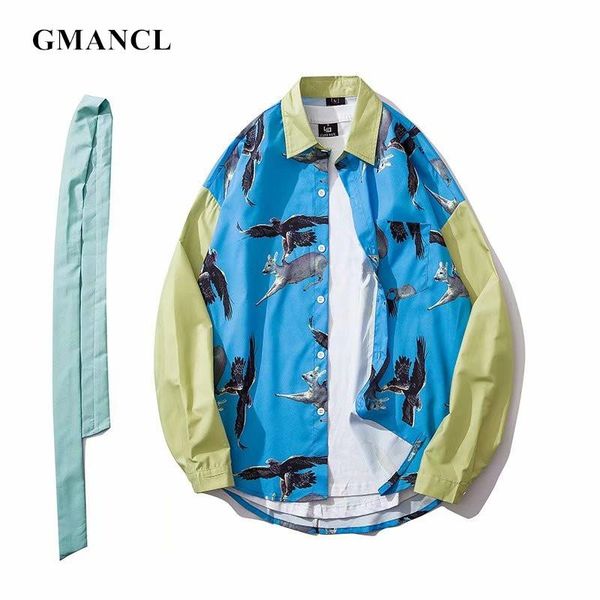 

men's casual shirts fashion autumn men printed patchwork long sleeve japanese streetwear hip hop oversized extend curved hem shirt and, White;black