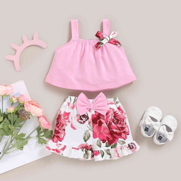 

fashion baby girl set summer children's clothes camisole + bow print shorts 2-piece toddler infant suit 210515, White