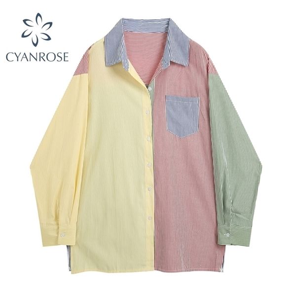 

fashion color striped patchwork pockets women blouse autumn korean turn down collar single breasted casual loose shirts 210515, White