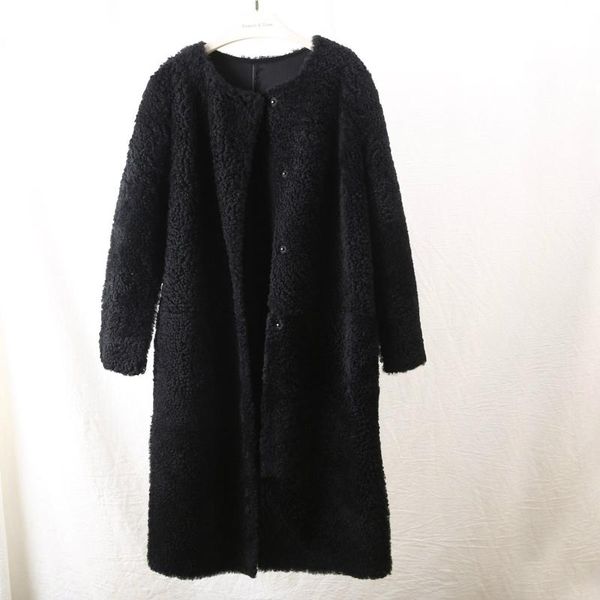

women's fur & faux oftbuy 2021 long real coat winter jacket women natural wool double faced genuine leather merino sheep outerwear, Black