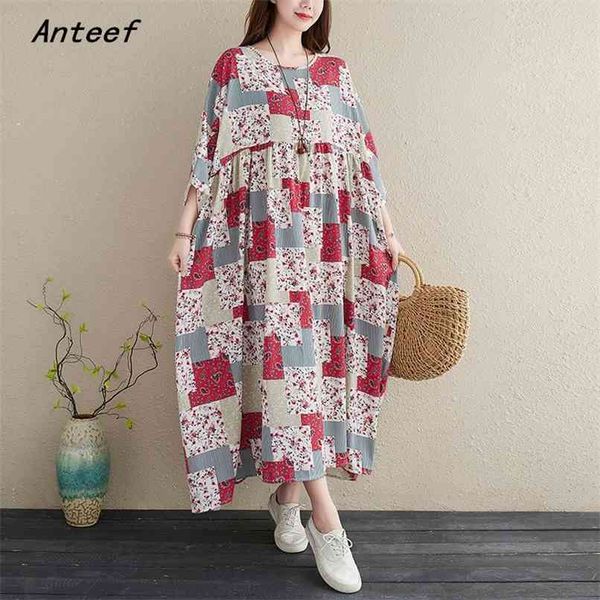 

plus size cotton vintage floral dresses for women casual loose long woman summer dress elegant clothes sundress 210517, Black;gray