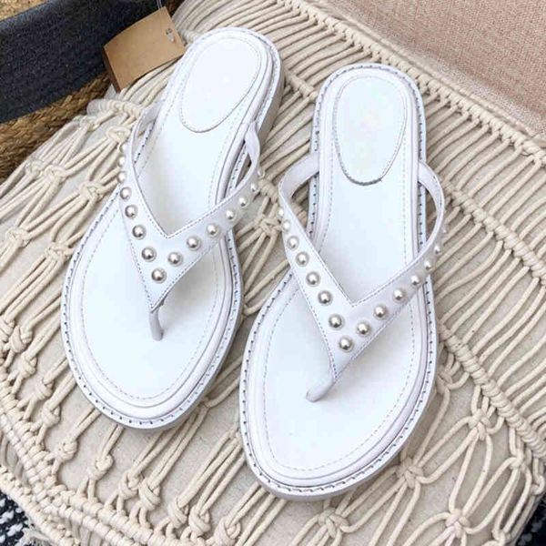 

80% off store online summer brand luxury pearl decor flat flip flops fashion real leather design clip toe women's shoes outside beach s, Black
