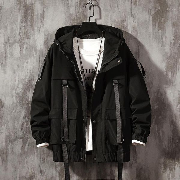 

#7049 white black yellow hip hop jacket wen loose ribbons big pockets bomber men with hood streetwear spring men's jackets, Black;brown