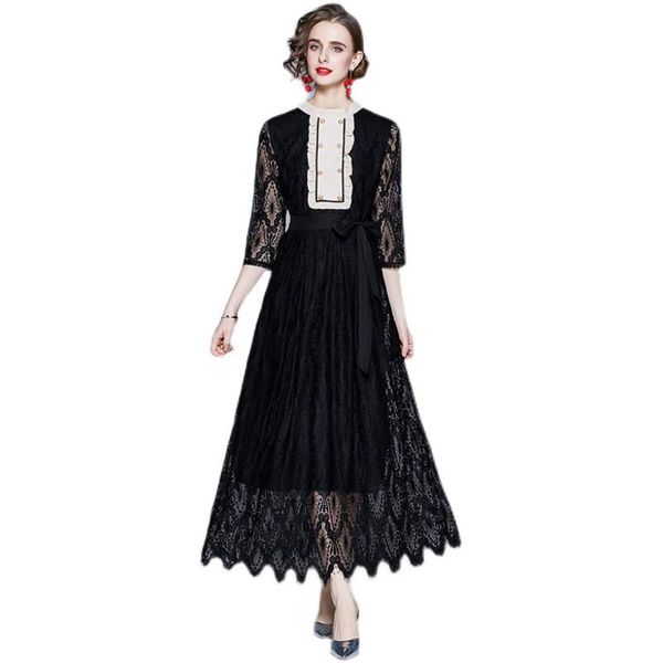 

casual dresses lukaxsikax 2021 arrival women luxury party long dress patchwork ruffles vintage hepburn black lace, Black;gray