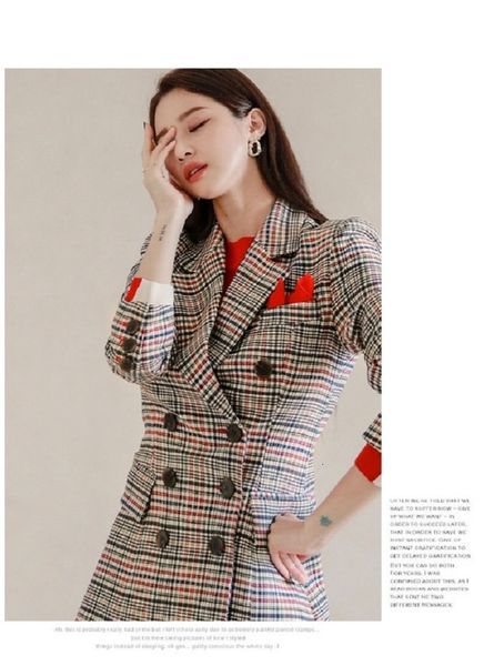 

korean version of spring and autumn double-breasted plaid slim-fit + high-waist straight-leg pants suit, White;black