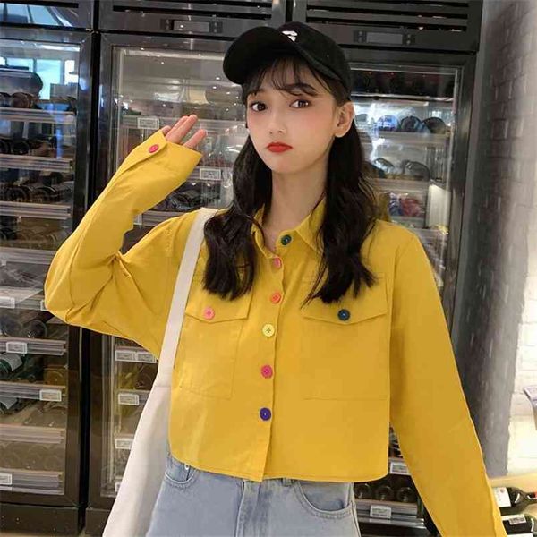

spring autumn women's long-sleeved shirt turn-down collar solid button loose short shirts woman wild female blouse pl041 210506, White