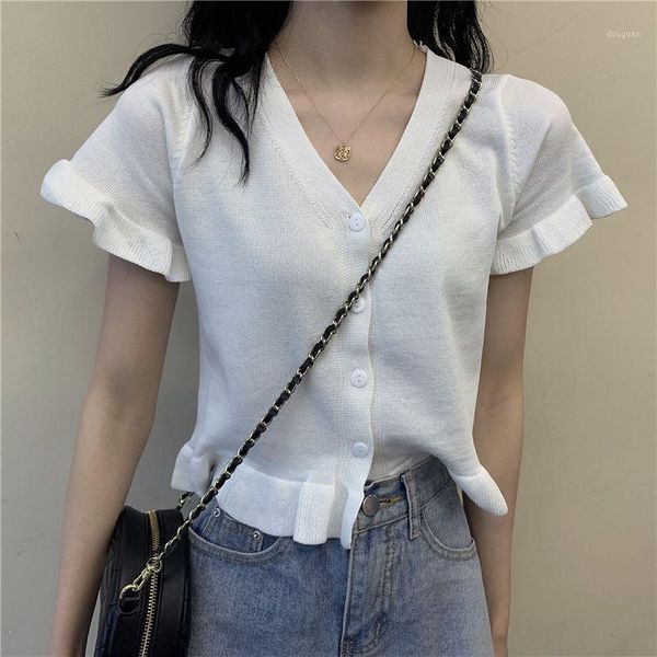 

women's t-shirt knitted 2021 korean fashion v-neck cardigan short sleeve outer wear slim top, White
