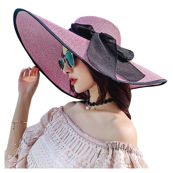 

wide brim hats for women summer sunscreen big hat with streamers vacation sunshade beach bucket straw cap gorras para mujer#35, Blue;gray