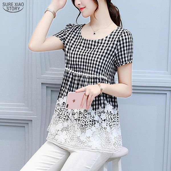 

korean summer hollow out lace fashion short sleeve plaid clothes women and blouse vintage clothing 8667 50 women's blouses & shirts, White
