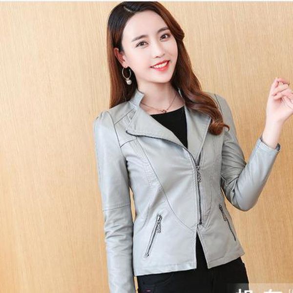 

women's leather & faux weihaobang 2021 autumn winter small clothes solid color short lapel slim pu motorcycle jacket long sleeve coat, Black