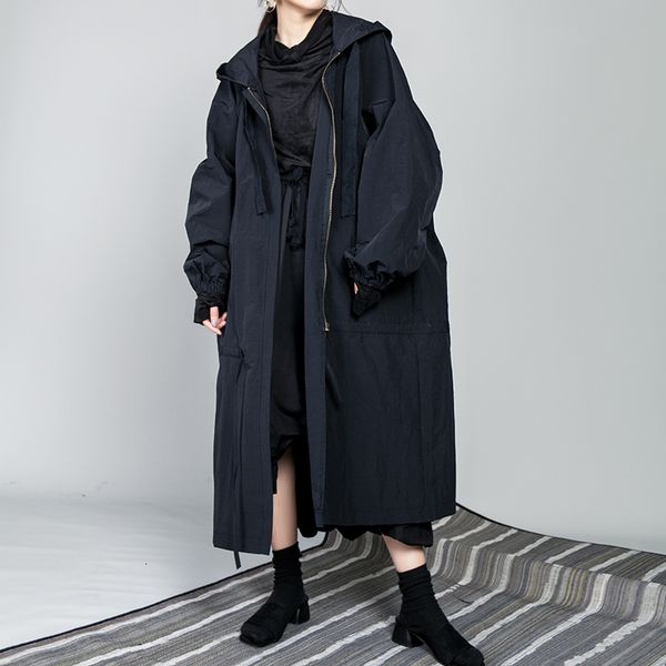 

Women's Jackets [EAM] Spring Drawstring Full Sleeve Hooded Collar Loose Zipper Thin Big Size Long Coat Women Jacket Fashion Tide OB113, Black;brown