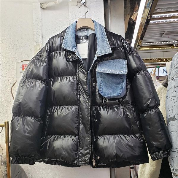 

women's down & parkas [ewq] winter thickened minimalist turn collar long-sleeved women loose jackets patchwork denim cotton padded clot, Black