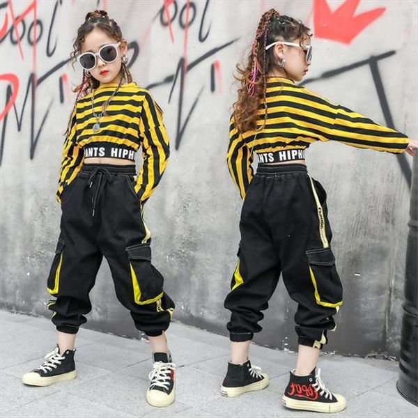 

hip hop stripe clothes girls sets stage costume street dance jazz performance sweatshirt cargo pants teens kids suits, White