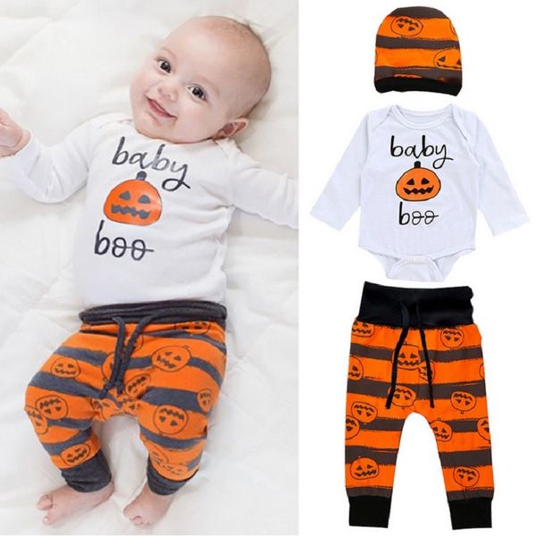 Halloween Baby Boy Kleidung Sets Kürbis Kostüme Neugeborene Bodys Hose Kappe 3-teilig Anzug Säuglingsoverall Top Höschen Hut Outfit 210413