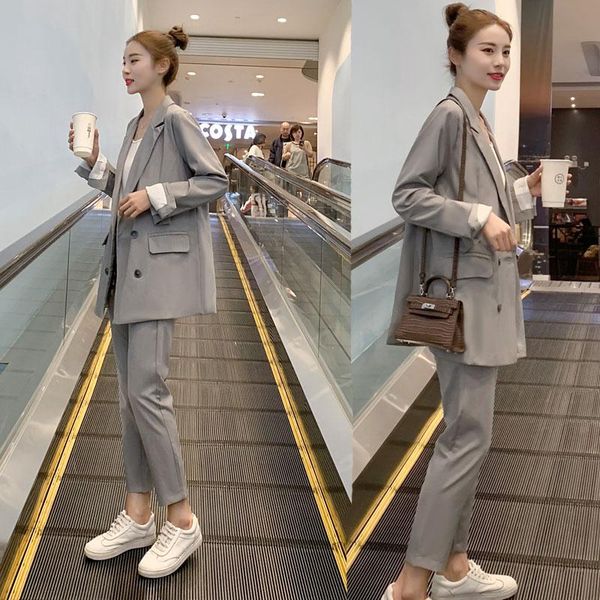 

women's suits & blazers women clothes suit female spring and autumn solid color two-piece gray temperament korean casual small jacket, White;black