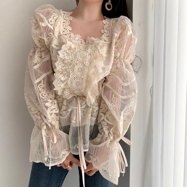 

women's blouses & shirts women square collar casual korean lace sweet pullover solid puff long sleeves, White