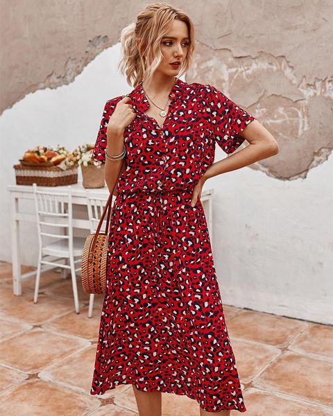 

dresses bohemian leopard print shirt casual midi holiday summer ladies female a-line loose women beach dress vestidos, Black;gray