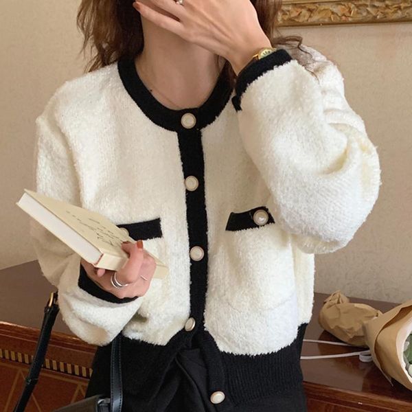 

women's jackets jacket women 2021 korean fashion retro temperament o neck hit color edging loose short plush knit cardigan sweater, Black;brown