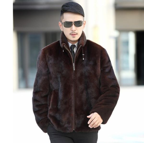

men's fur & faux brown autumn stand collar mink leather jacket mens winter thicken warm coat men loose jackets fashion b184, Black