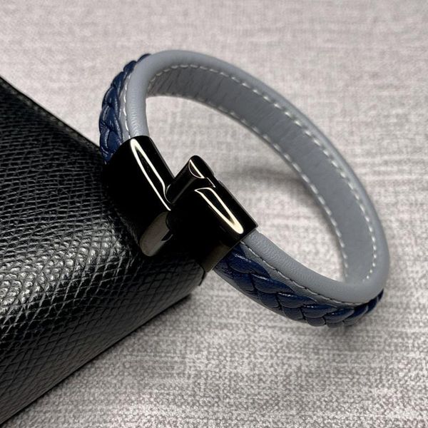 

cuff punk black brown braid leather bracelets men fashion cool stainless steel magnetic clasp wristband bangles e0011, White