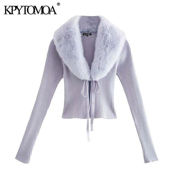 

women fashion faux fur patchwork cropped knitted cardigan sweater tied v neck female outerwear chic 210420, White;black