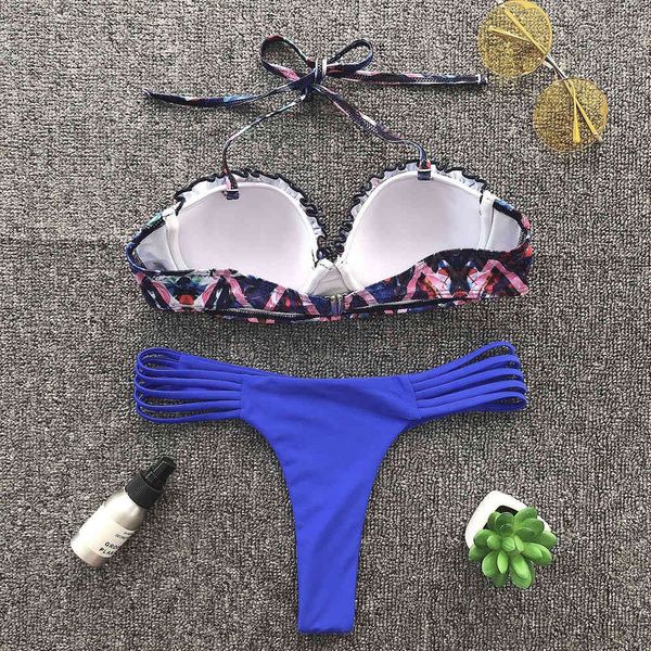 

bla printed ruffled high waist 2021 female swimsuit women swimwear two-pieces bikini halter bather bathing suit swimby
