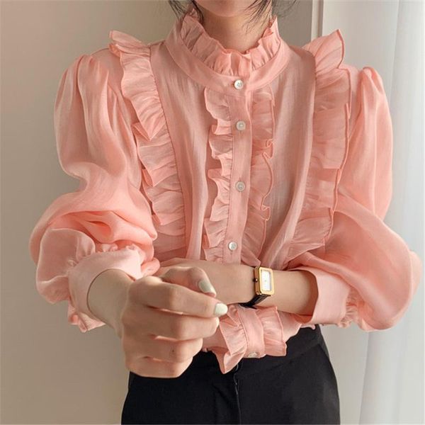 

women's blouses & shirts alien kitty 2021 ruffles solid chic arrival all match elegant office lady princess vintage femme streetwear sw, White