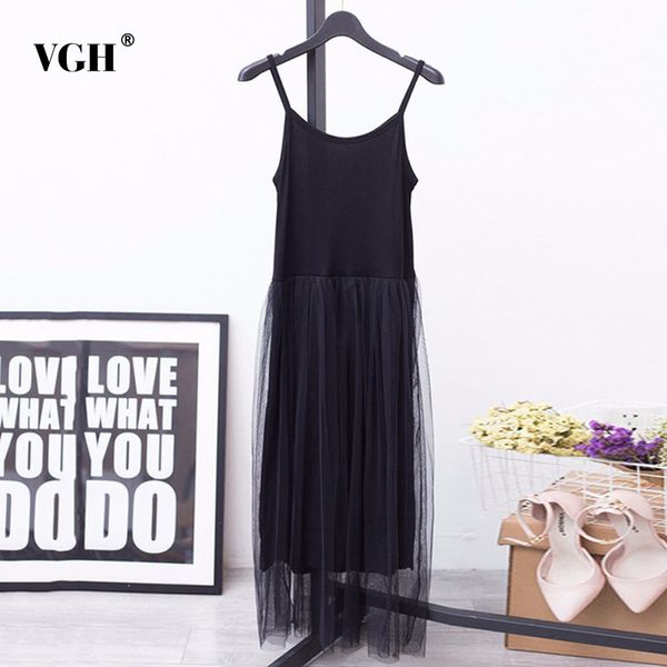 

vgh patchwork mesh dress for women sling sleeveless high waist solid elegant loose dresses female fashion clothing new 210421, Black;gray