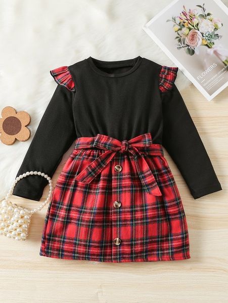 

toddler girls tartan print ruffle trim belted dress she, Red;yellow
