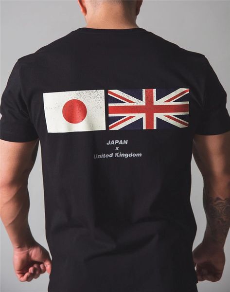 

japan uk flag muscle mens sport cotton fitness short sleeve summer gym training outdoor running breathable t shirts, White;black