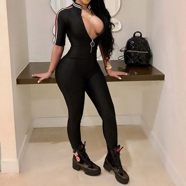 

women's jumpsuits & rompers womens jumpsuit short-sleeve front zipper femme b04jm623, Black;white