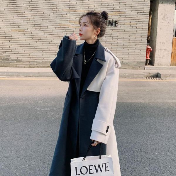 

women's wool & blends real s design sense stitching woolen coat autumn and winter clothing 2021 middle long over the, Black