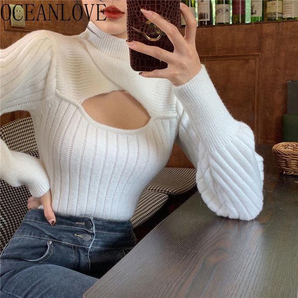 

hollow out short korean 2021 slim solid fashion pull femme spring autumn woman sweaters knit wear19587 women's, White;black