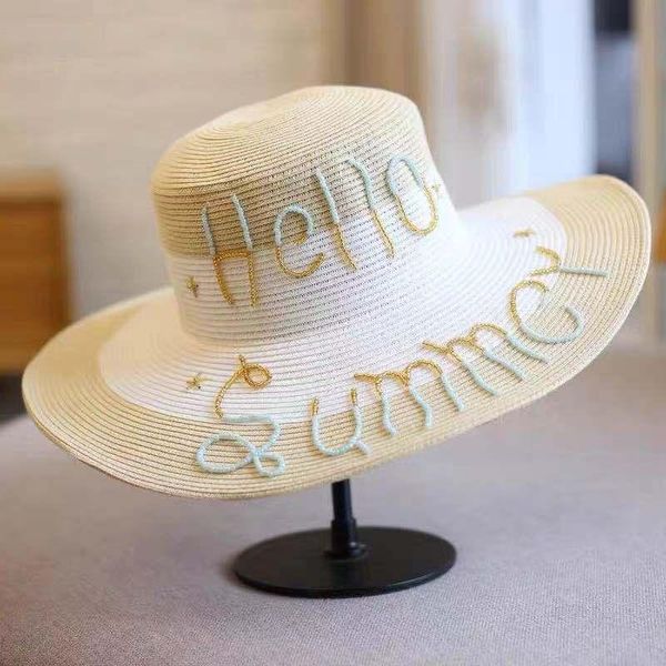 

wide brim hats diy straw hat hand-sewn beads hello summer letter big sun fedora beach panama, Blue;gray