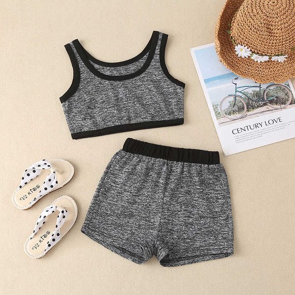 

girls' summer solid color sports suit children's black casual pants suit, Blue
