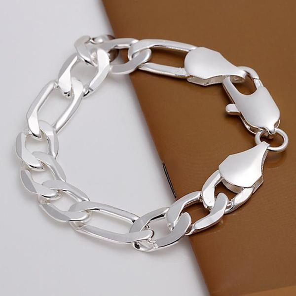 

link, chain 925 sterling silver bracelets 12mm flat sideways 20cm for men classic wedding party wild christmas gift fashion jewelry, Black