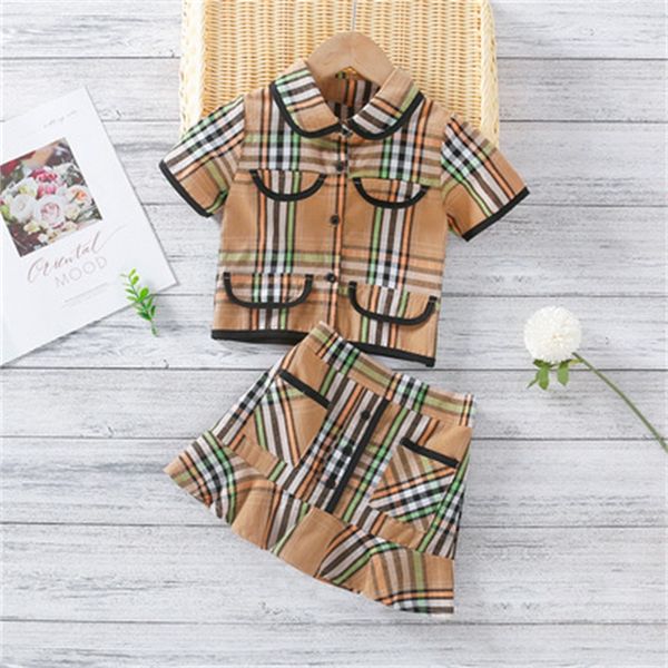

childrens clothing girls 2022 summer new college style lapel short-sleeved shirt + high-waist skirt girls outfits, White