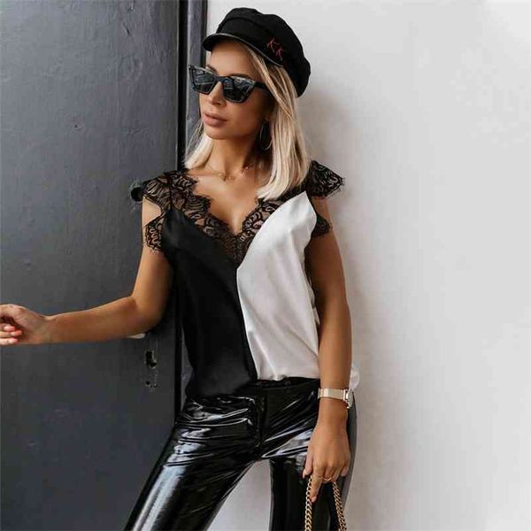 

ladies shirt sleeveless black white lace women blouses backless deep v neck patchwork female shirt blouses q30 210401