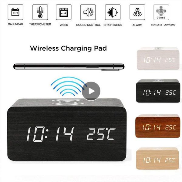 

other clocks & accessories led wooden alarm clock wireless charger digital sound control temperature date display creative living room decor