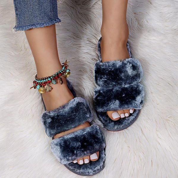 

slippers faux fur slides winter warm fluffy shoes women cozy indoor floor flat soft furry ladies female, Black