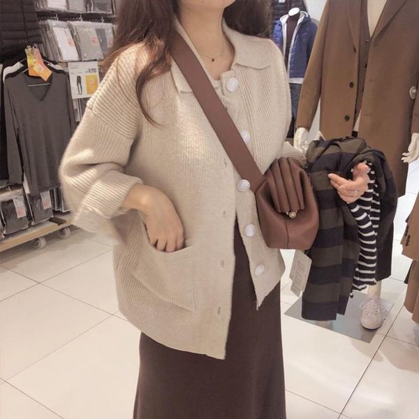 

women's knits & tees trendy women sweater casual turn down collar loose fit cardigans female button knitwear korean style outwear, White