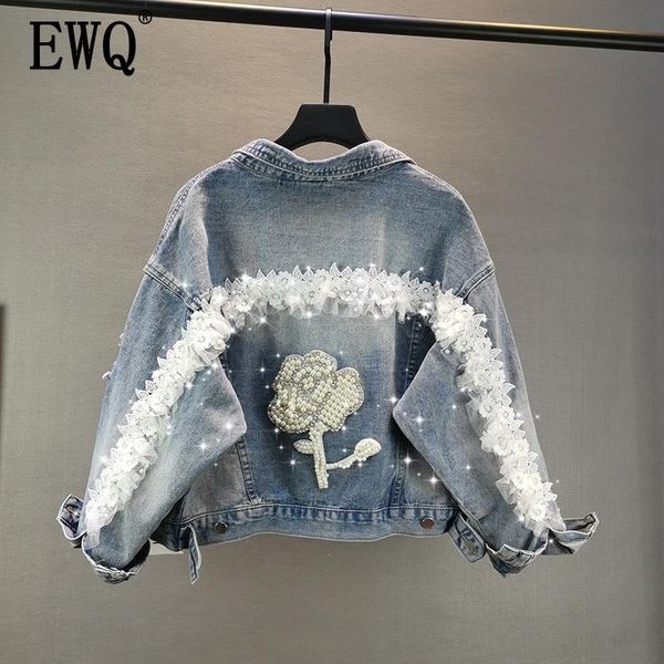 

women's jackets ewq 2021 spring autumn oversize turn batwing full sleeve pockets pearls lace women fashion casual denim coat femals ay0, Black;brown