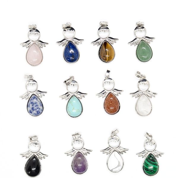 

jln cute angle wings gemstone pendant lapis rose quartz amethyst tiger eye pendants with stainless steel chain necklace for girls women chil, Silver