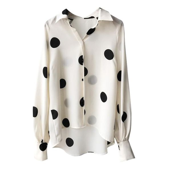 

women's blouses & shirts autumn vintage polka dot print chiffon women turn down collar lantern sleeve loose casual 2021, White