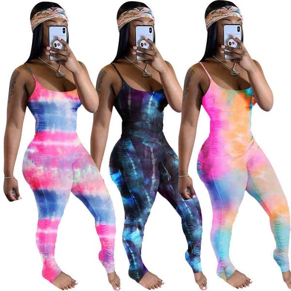 

women tie dye stacked jumpsuit sling scoop neck slim fit stacked trousers rompers ladies colorful jumpsuit, Black;white